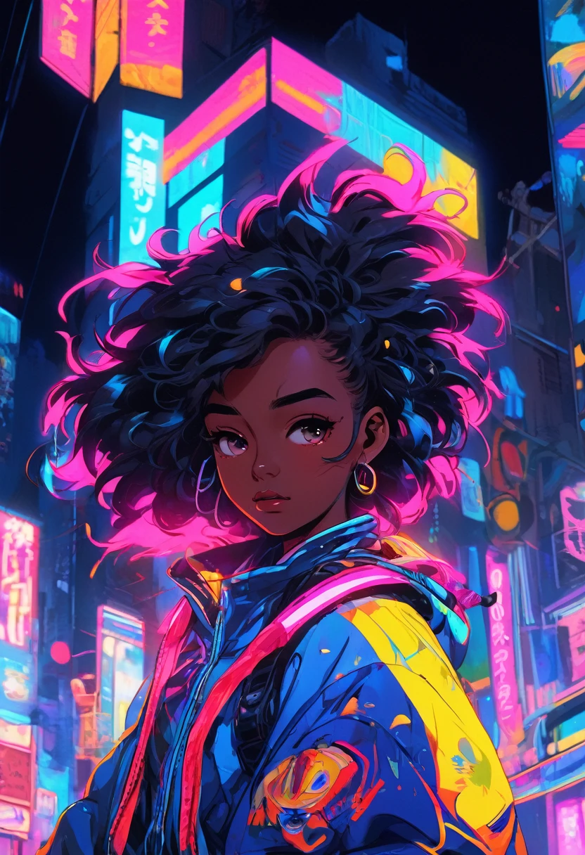 Dark skinned tomboy girl，Wearing your hair trimmed, illustration：aoiro studio and Masaaki Komori, Super detailed, neon lights, light, matte paint, Illustration in oil painting style, Popular Topics on Artstation, Modern Art, Surreal and dreamlike atmosphere..