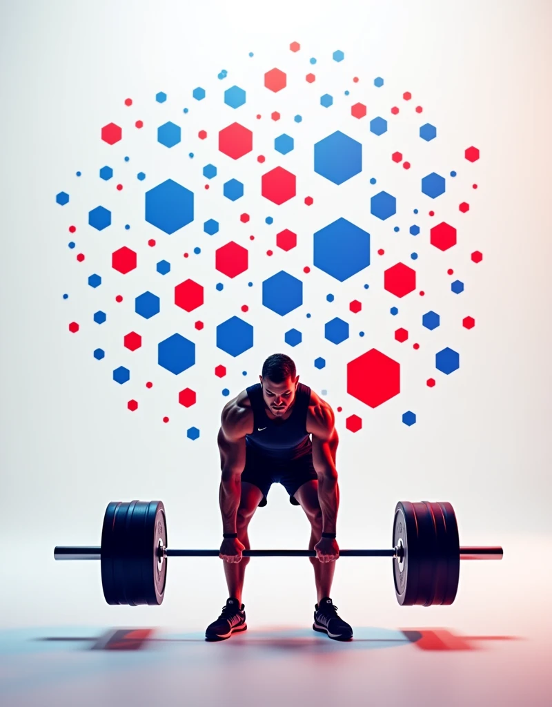 Generate a person doing deadlift with a white background with many red and blue hexagons and name it below poderfit gym 