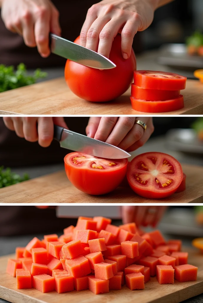 Slice the tomato into even rounds, then stack and cut those rounds into strips, and finally cut across the strips to create small cubes. This is useful for salsas or sauces.