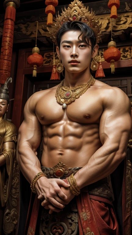 masterpiece,Best quality at best,UHD,8k wallpaper,actual,masterious,(realisticlying:1.4),1 Giant men,full bodyesbian, a housand Hands god, Guan yin style , Multiple hands holding some holly chinese weapons, he is in an ancient style temple , fantastic dunhuang outfits, olot of jewelry detail, holly lighting ,, beautiful korean face with compassion