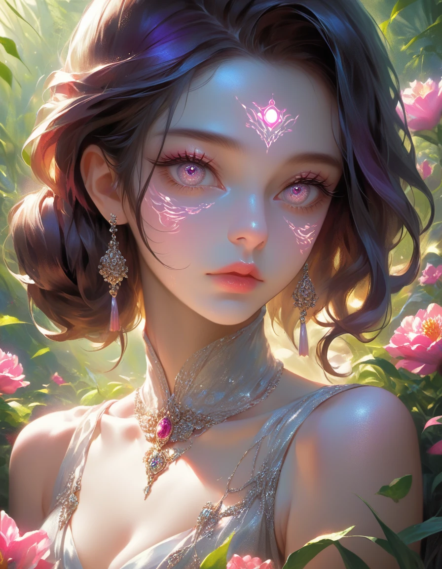 a portrait of two beautiful young girls, extremely detailed face, soft glowing skin, long eyelashes, beautiful eyes, small nose, full lips, intricate hairstyles, elegant dresses, sitting in a lush garden with colorful flowers, warm lighting, highly detailed, photorealistic, 8k, dramatic lighting, vibrant colors