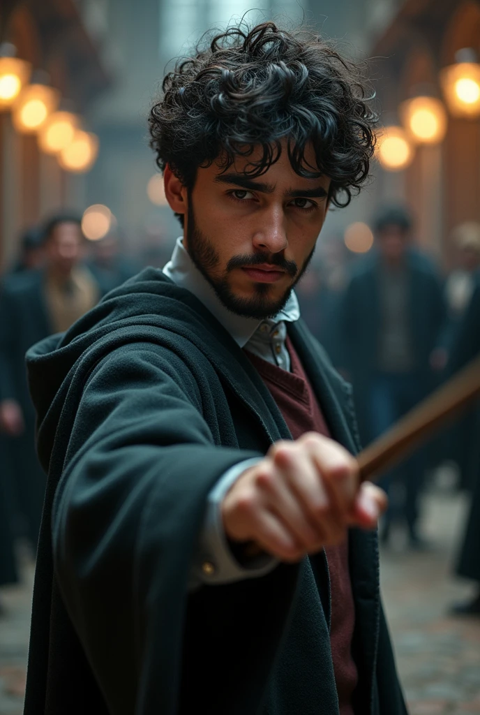 Generate an image of a young Latino, short dark curly hair and short full beard, wearing Hogwarts uniform with magic wand in hand ready to duel.

Same image but with a grey vest