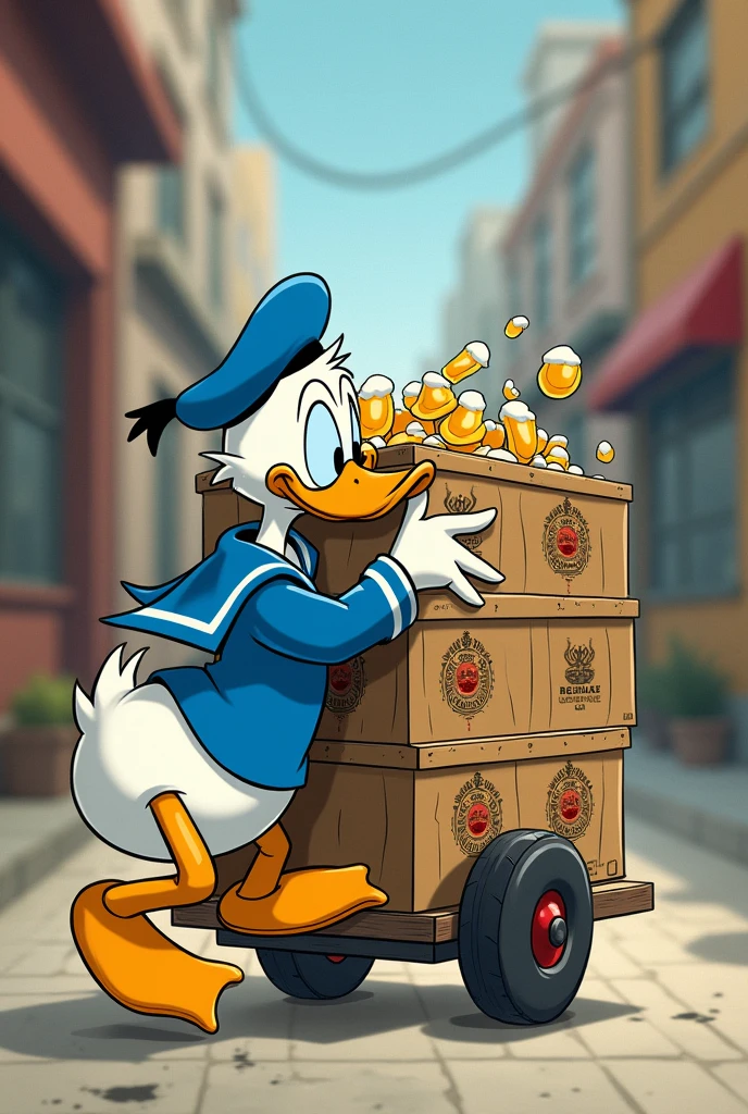 Donald Duck is carrying a lot of cases of beer on a two-wheeled sakcare