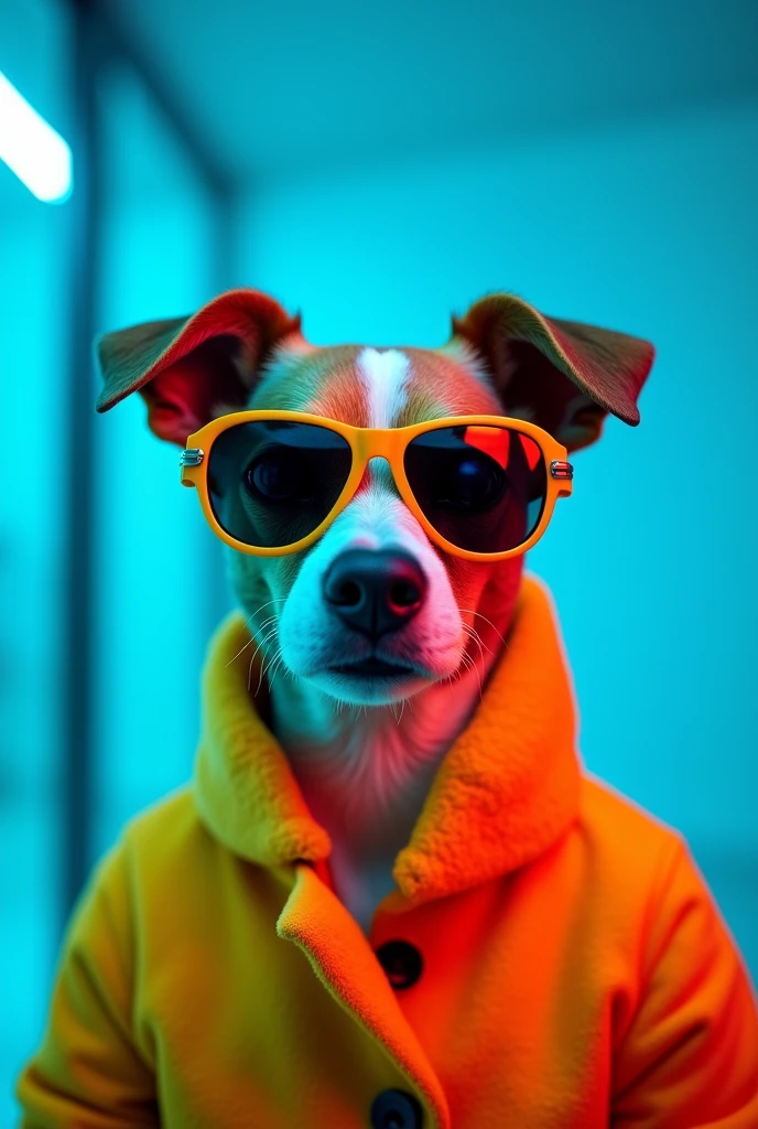 The best cell phone wallpaper, Award-Winning Wallpaper, portrait photography, In the front view is a portrait of a cute dog wearing mid-1960s space age fashion, Side view photo, Shot with Canon EOS R5, Set a strong contrast that accentuates the subject, Fluorescent blue tone, Wearing a very modern coat and sunglasses is a modern 1960s style, Clothes all in one color, beautiful background