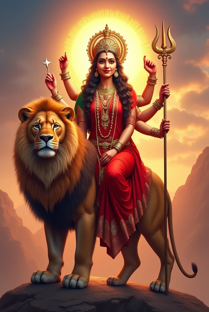 A high-quality, 16K resolution image of Sherawali Mata, the divine goddess sitting gracefully on a majestic lion (Sher). The goddess is depicted as serene and beautiful, with a radiant and divine aura. She is adorned in traditional red and gold attire, with intricate jewelry and a crown. Her multiple arms hold various symbolic items like a trident, lotus, and sword. The background is a blend of vibrant colors with soft, ethereal lighting, symbolizing divinity and power. The lion is fierce yet calm, sitting loyally by her side, embodying strength and protection. The overall scene should be peaceful, spiritual, and inspiring, capturing the essence of Sherawali Mata's grace and power.