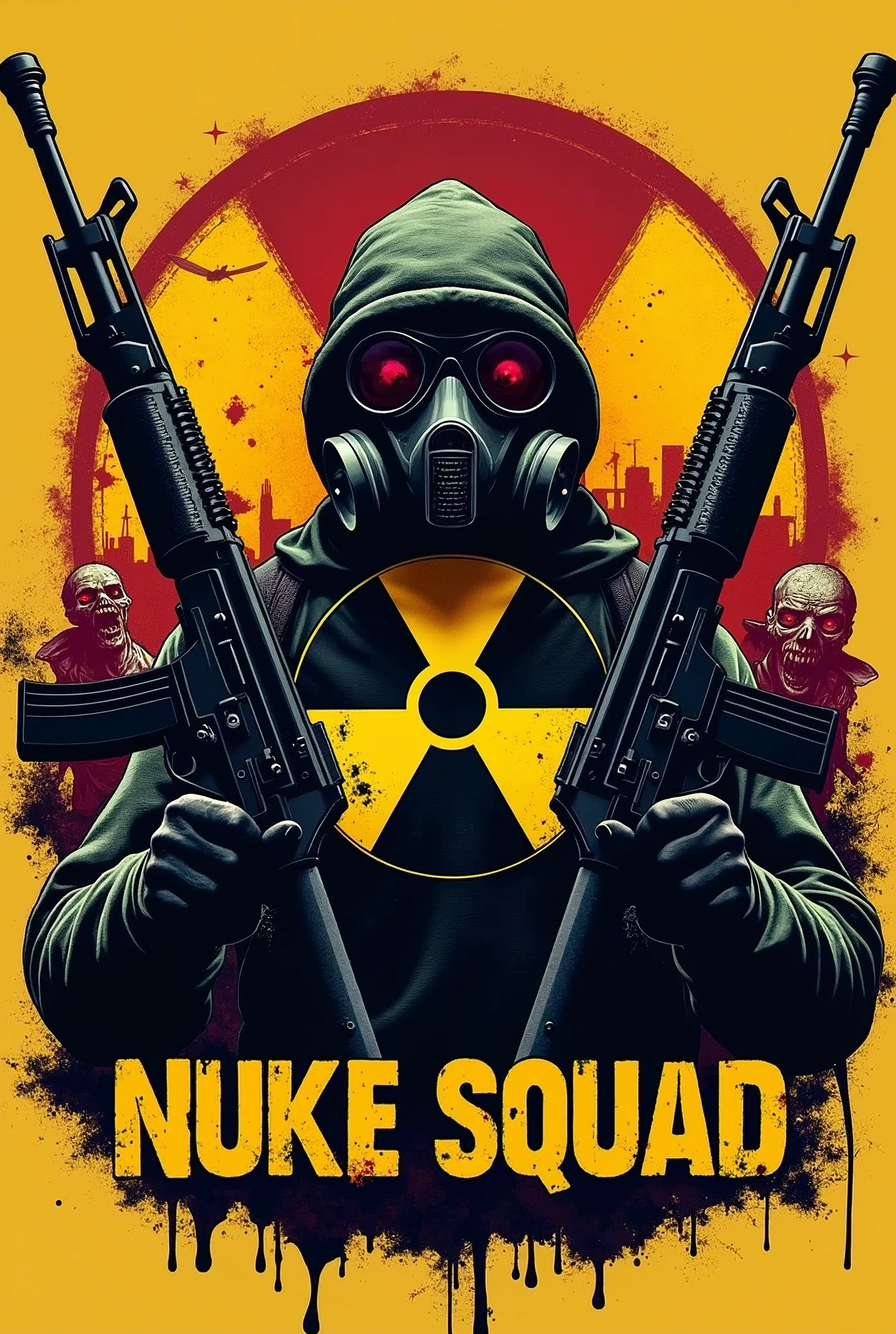 Create a logo with the nuclear radiation symbol, next to two AK47s pointed upwards. In the background a gas mask and zombies with blood. Below the logo written NUKE SQUAD, com fonte Bionic City. Above the logo the acronym NKS.