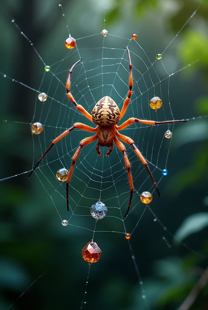 A spider with a spider web and the spider web has jewels
