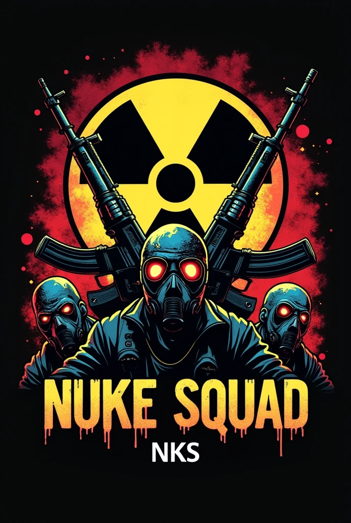 Create a logo with the nuclear radiation symbol, next to two AK47s pointed upwards. In the background a gas mask and zombies with blood. Below the logo written NUKE SQUAD, com fonte Bionic City. Above the logo the acronym NKS.