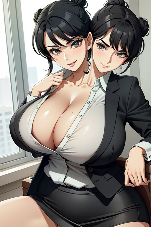 2heads, a tall woman with 2 heads. She is in an executive office. She is wearing a tight blazer and skirt. Cleavage. She has short black hair in a bun. She looks mature. Enormous fat breasts. She is very tall and mature. She is happy and smiling. Motherly, milf. Enormous fat breasts, gigantic breasts. Big nipples. Spreading legs.