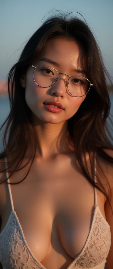1 Thai Girl, Age 33 years, Exquisite Face, Plump lips realistic pink, Wear clear glasses.. Big breasts, one chest can be seen, naked body show in the moonlight., In the evening, You can see the whole body..
