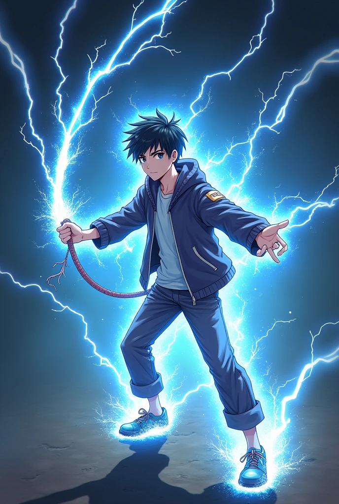 A 19 year old boy with electric energy around him holding a whip with electric currents wearing jacket,pajamas and shoes in anime style