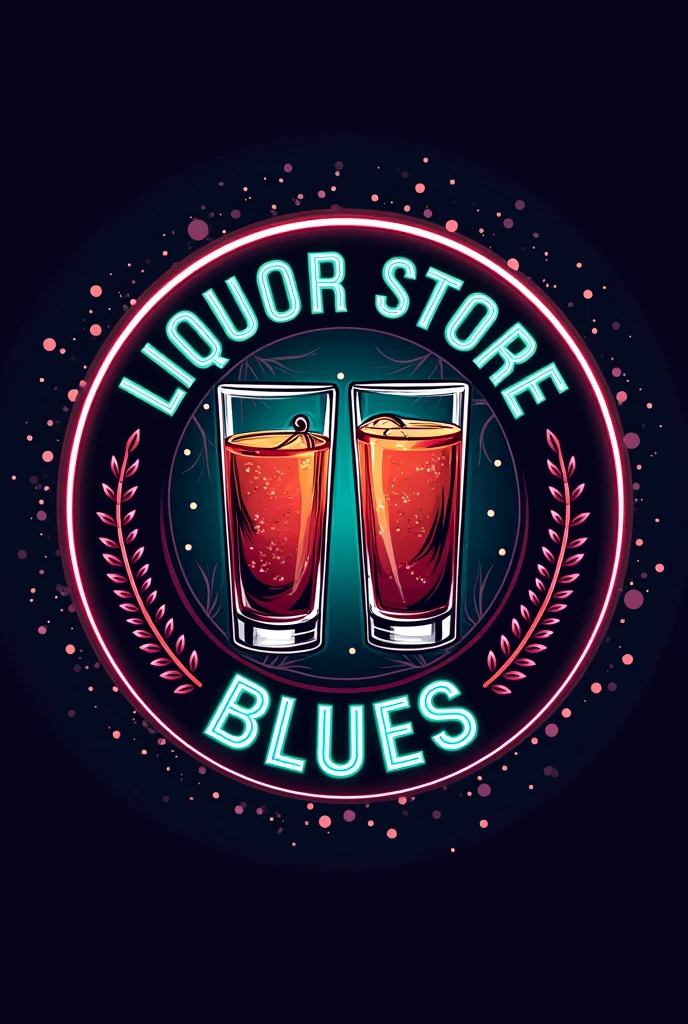 Circular logo of a liquor store called Liquor Store Blues with two glasses in the center, neon style colors and the name around with green colors, purple, Red and green