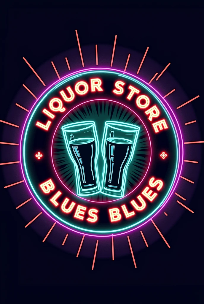 Circular logo of a liquor store called Liquor Store Blues with two glasses in the center, neon style colors and the name around with green colors, purple, Red and green