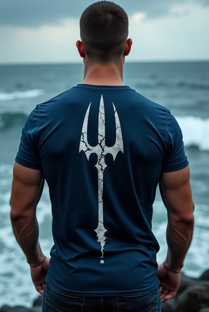 cracked trident design on the back of a dark blue t-shirt