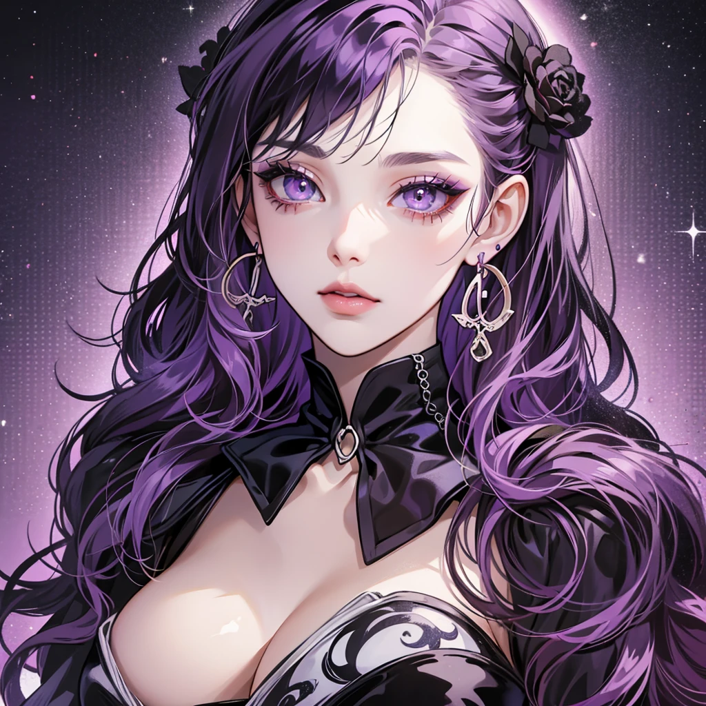 masterpiece, young adult, female, looking at viewer, portrait, goth girl, goth makeup, pale skin, bangs, long wavy hair black with purple tips, perfect eyes purple, D cup bust, sexy, eyelashes, earrings, choker, jewelry, curve body