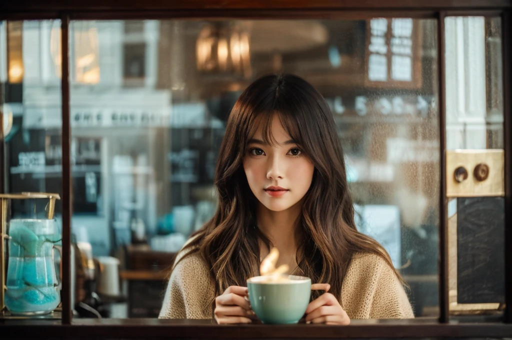 Highest quality　masterpiece　A pretty woman seen through the window of a stylish coffee shop　Photo style　Real　Fantasy