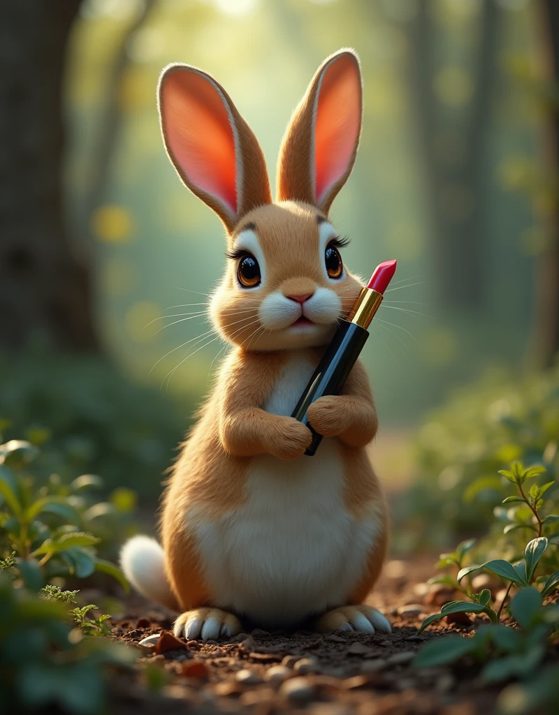 A scene in the forest where a rabbit is holding red lipstick