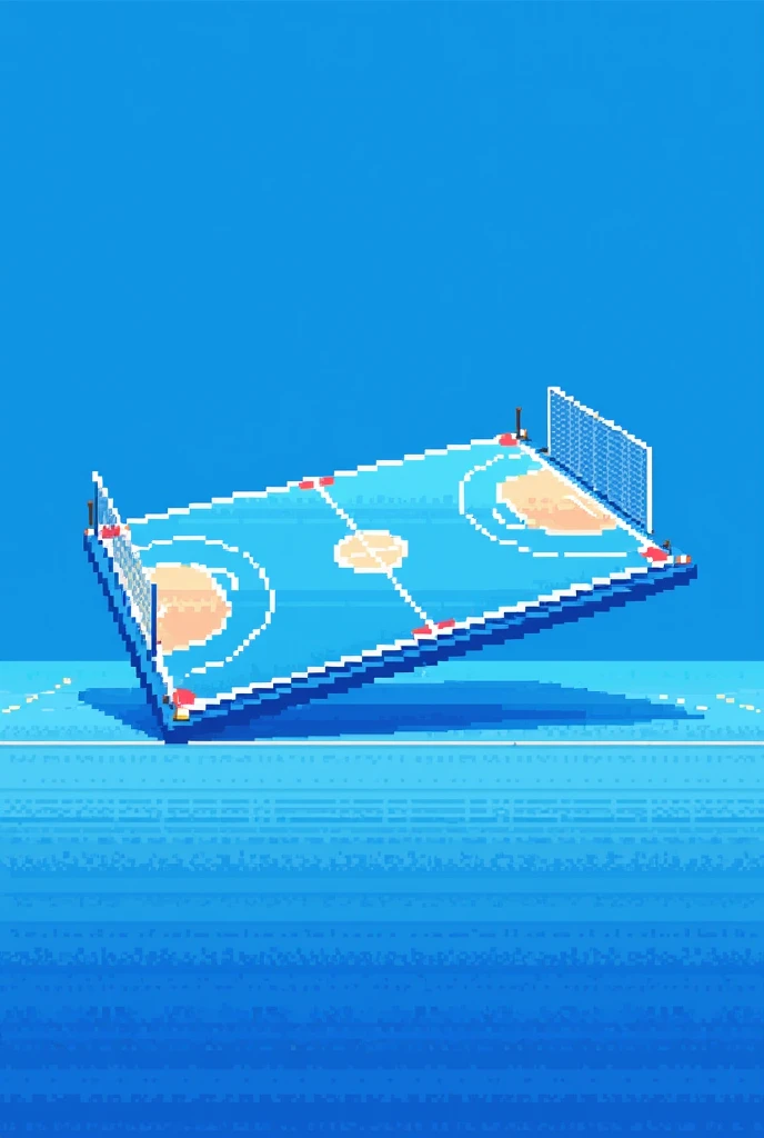 Make an empty blue futsal court on its side, in pixel art, na horizontal