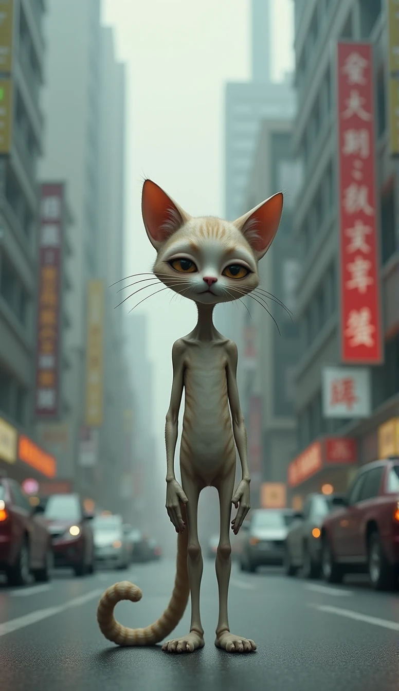 Imagine a weak cat,Humanoid cat,Listless facial expression,Thin body,Standing on the city street