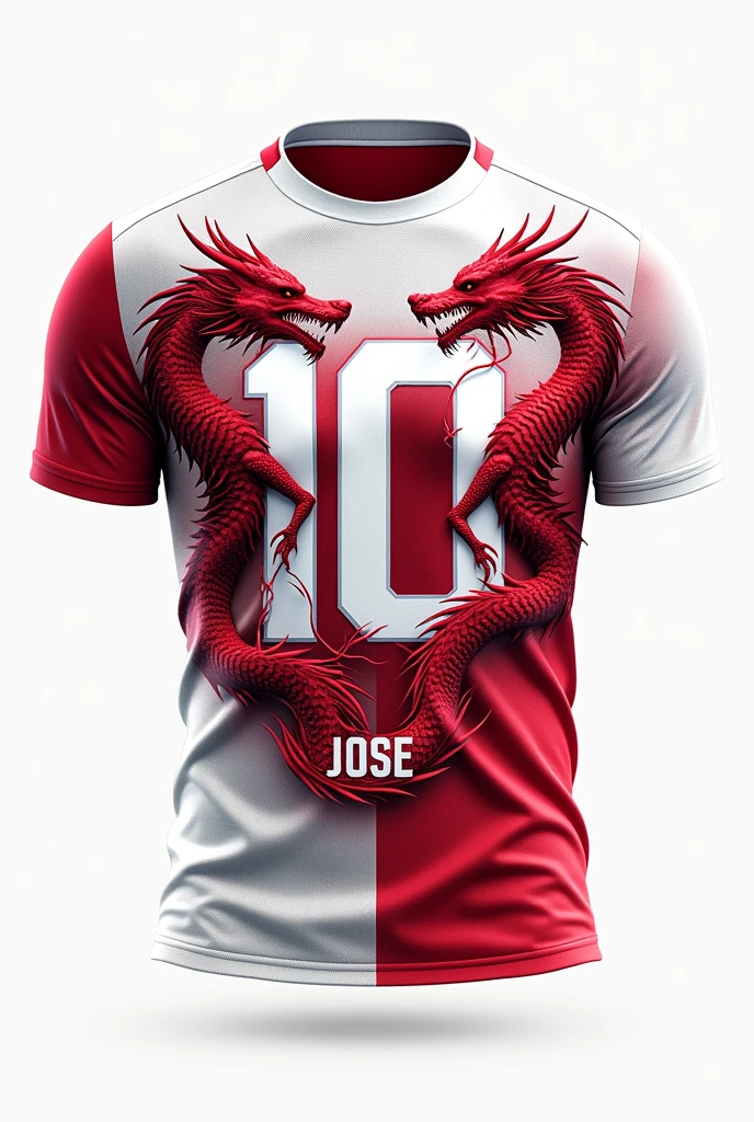 A football shirt with the number 10 on the back in white and red with dragons passing through the number 10 on a white background without a player with the name JOSE a little large below the number. 
