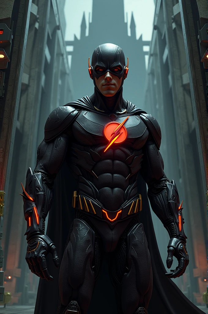 a dark portrait of DC's Evil Flash with intricate, angular cybernetic implants inside a brutalist building, gothic brutalist cathedral, cyberpunk, Photo, award winning, hips, neon lights, cybernetic limb
