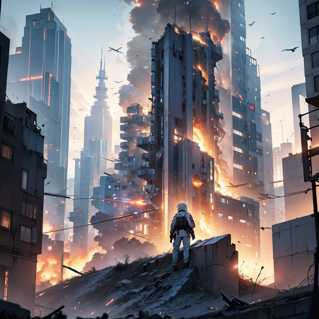 White-haired blue-eyed boy looking at big pactalla in his base well the chaos of a city on fire with frontline people fighting futuristic base accompanied by small orbet, city in danger helicopters shooting, The boy observes from a digital screen a great work of high quality art