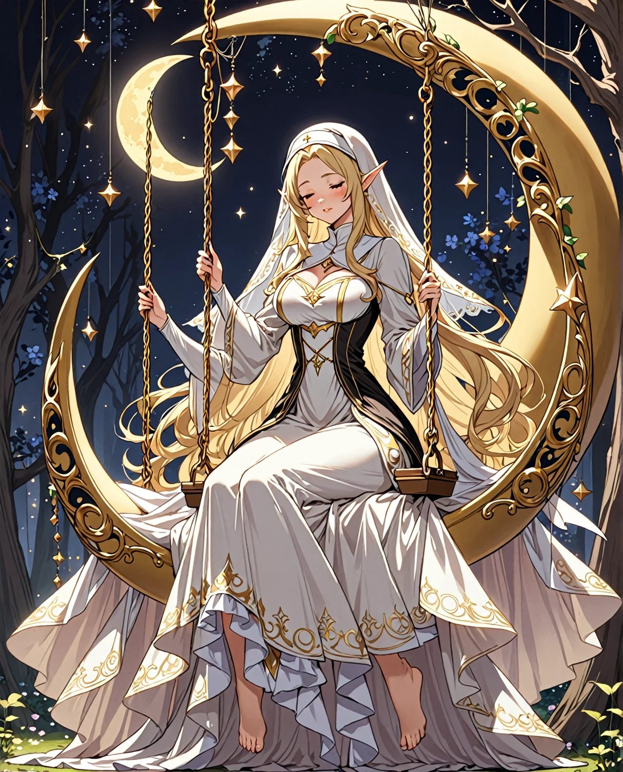 busty anime girl elf, milf, mommy, soft and adorable body and face, wearing a long loose opera singer dress, wearing a nun veil with various small hanging by a thread gold ornaments, long sleeves that cover her entire arm and hands with triangular shaped frills at the end, sitting on a crescent moon shaped swing long hair, fairy tale, sleeping beauty, mystic fantasy character design, full body, concept art,