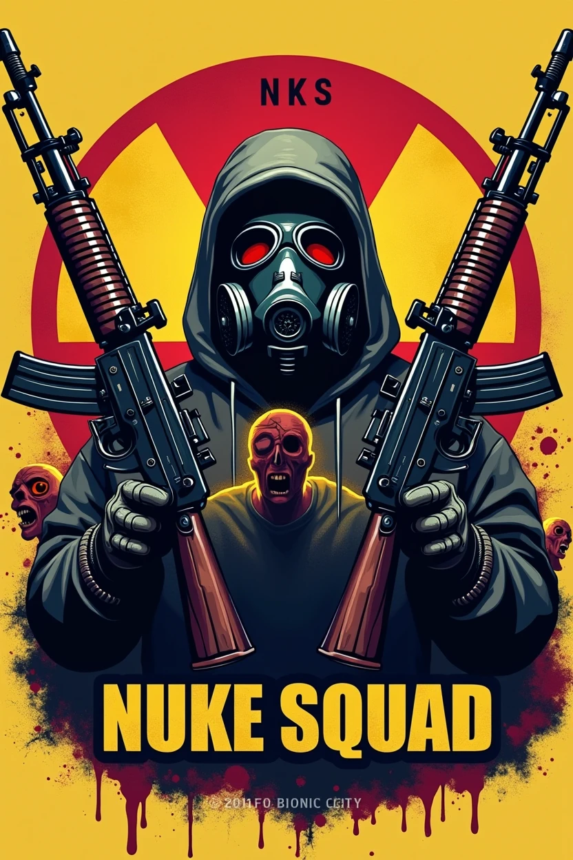Create a logo with the nuclear radiation symbol, next to two AK47s pointed upwards. In the background a gas mask and zombies with blood. Below the logo written NUKE SQUAD, com fonte Bionic City. Above the logo the acronym NKS.