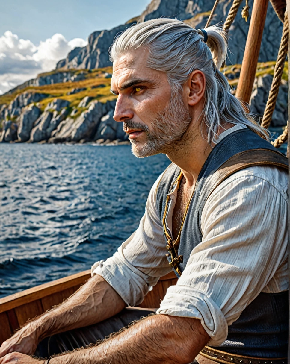 ((masterpiece, best quality, photorealistic image)), (((bright yellow eyes))), W3Geralt, adult man, sitting in a small medieval sailboat near the shore against the background of the Scandinavian rocky landscape, moderate sea waves, the sky is bright blue with lush clouds, he is dressed in a loose white shirt, bare arms, hair tied in a ponytail on the back of his head, a wide viewing angle 