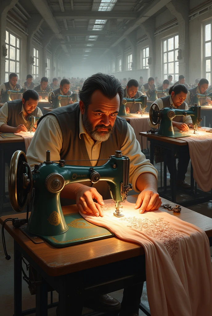 Big man sitting at sewing machine, working attentively. He is stitching a beautiful dress. Small men doing same on their each sewing machine on the same lane all visible 