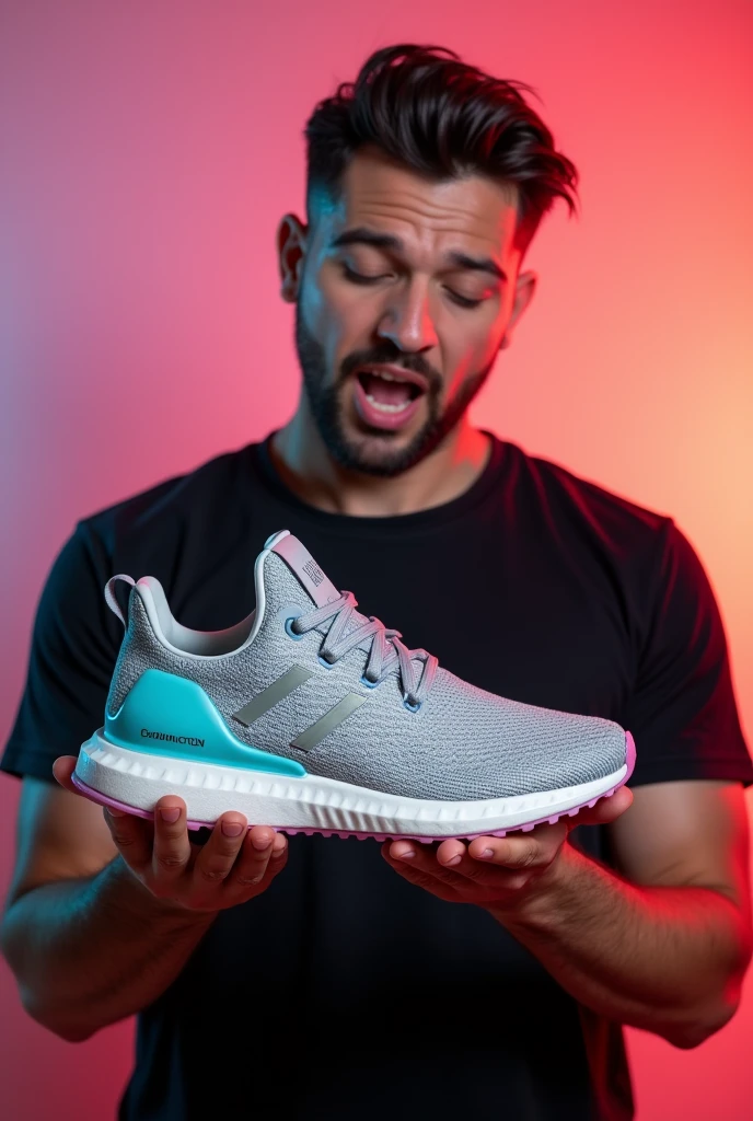 A masculine man holding a sports shoe with both hands, He is very impressed with his mouth open with the colorful background and the flashier sneakers