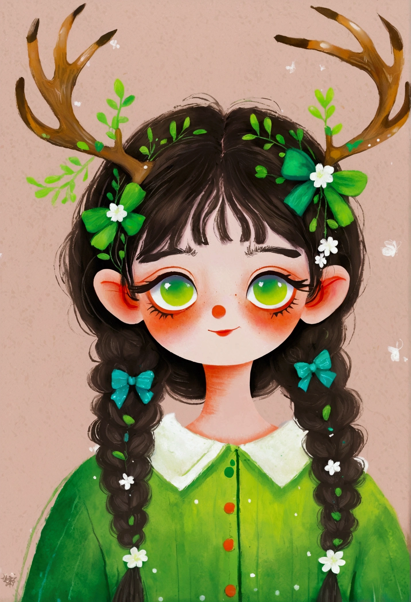 Childish Art,Children's graffiti,A painting,Pastel Art:Portrait of girl with deer antlers and green clothes, big eyes, Elf。Rich details,Fine green hair。Rough brushstrokes and textures