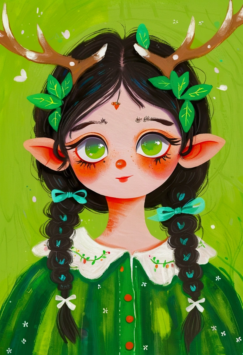 Childish Art，Children's graffiti，A painting，Pastel Art：Portrait of girl with deer antlers and green clothes, big eyes， Elf。Rich details，Fine green hair。Rough brushstrokes and textures