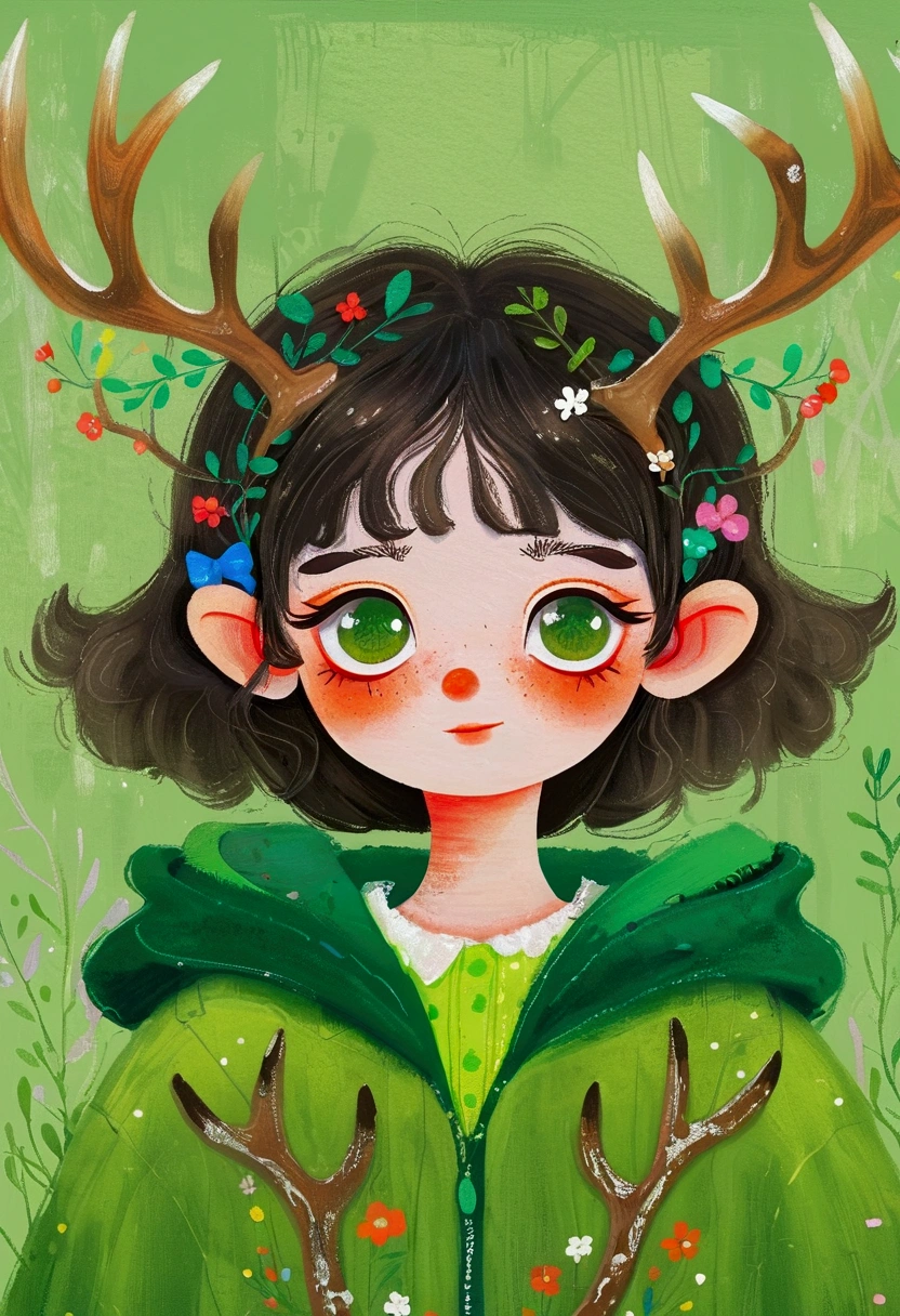 Childish Art,Children's graffiti,A painting,Pastel Art:Portrait of girl with deer antlers and green clothes, big eyes, Elf。Rich details,Fine green hair。Rough brushstrokes and textures