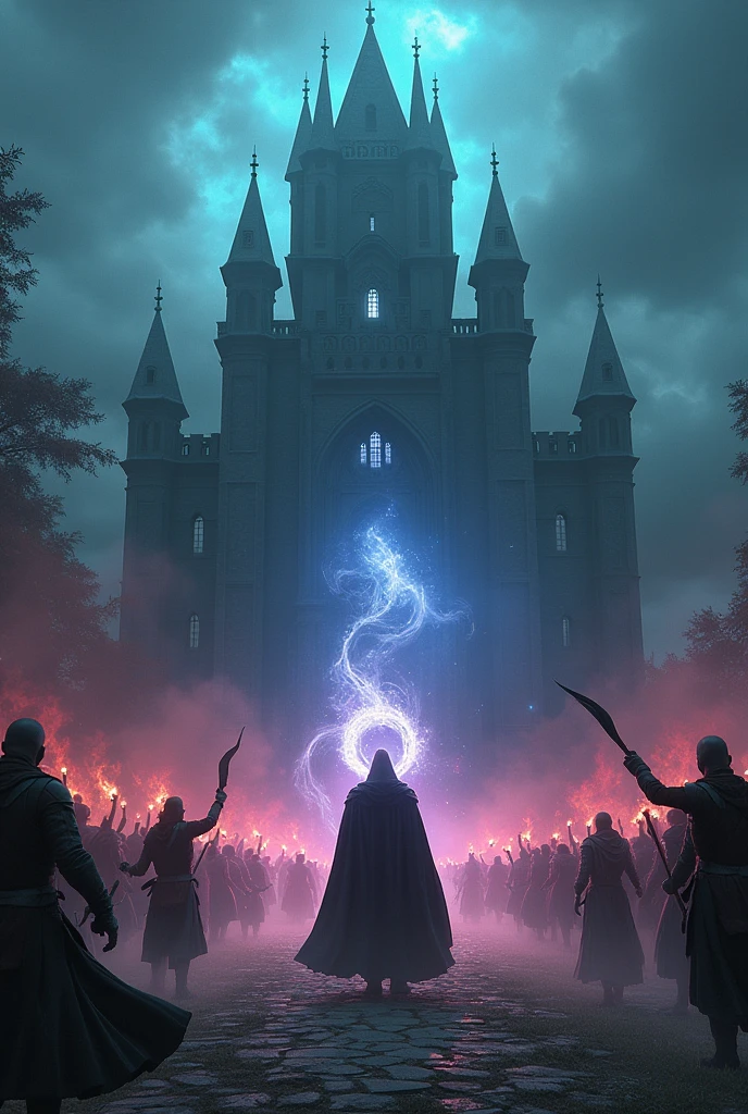 (masterpiece:1.2), (Best quality:1.2), 8 K, HDR, Ultra detailed, ((photorealistic)), professional light, cinematic lighting, fashion photography, ambient lighting, background, The Dark Middle Ages, darkness, epiCPhoto, Battle mages led by Karahil in Anvil storm the mansion of the necromancer Benirus