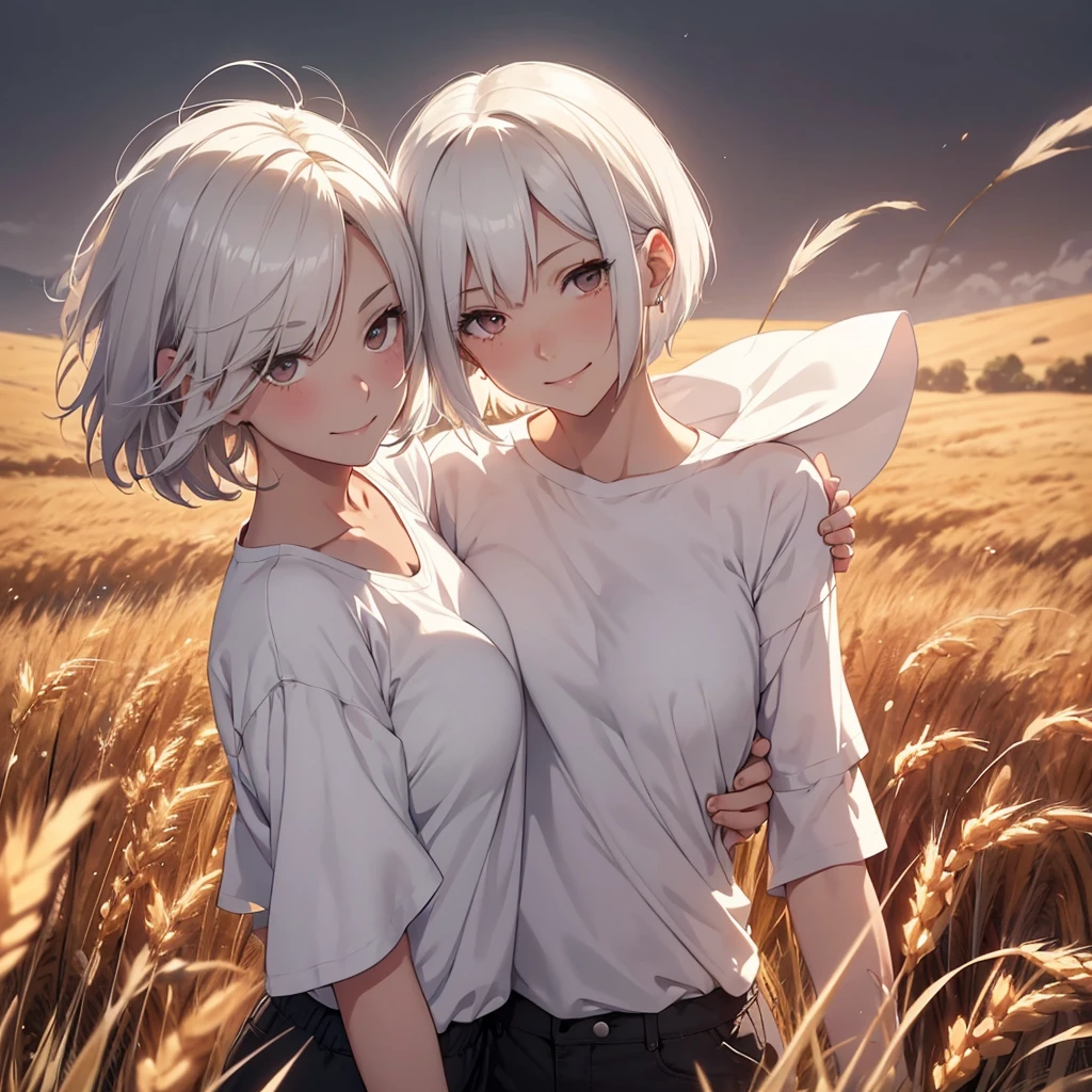 a short-haired white-haired (female!), messed by the wind, red-eyed, wearing a white t-shirt, smiling shyly, blushing face, gazing at a brown-haired (male!) with black eyes, expressing a sincere smiling face, embracing each other tightly in a wheat field, gloomy evening atmosphere, realistic anime-style image with rgb lighting