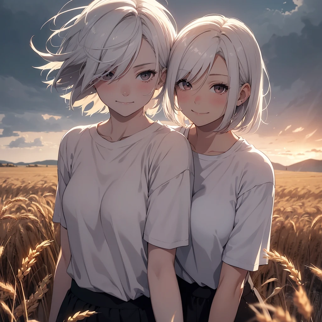 a short-haired white-haired (female!), messed by the wind, red-eyed, wearing a white t-shirt, smiling shyly, blushing face, gazing at a brown-haired (male!) with black eyes, expressing a sincere smiling face, embracing each other tightly in a wheat field, gloomy evening atmosphere, realistic anime-style image with rgb lighting