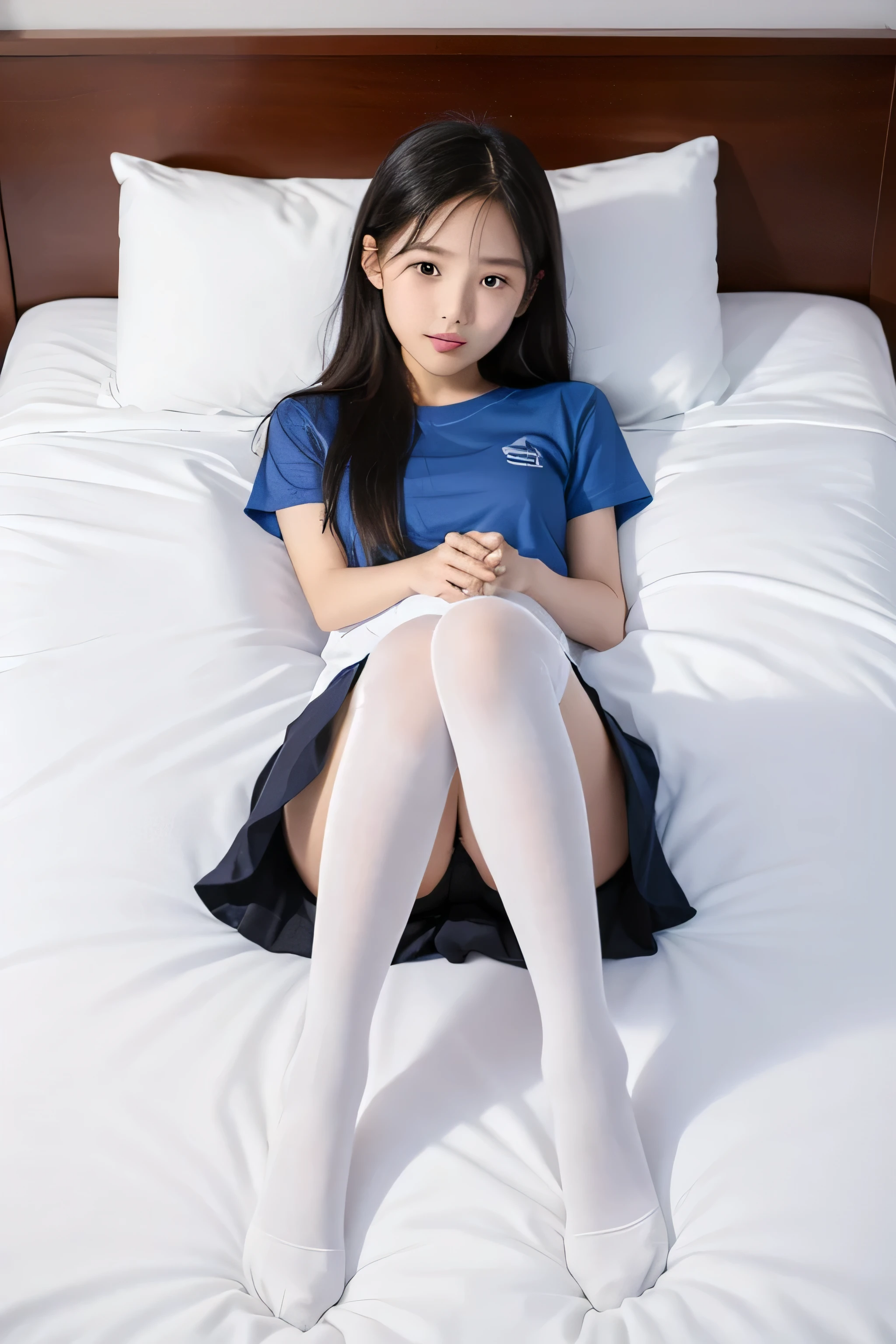 A real Taiwanese high school student wearing over-the-knee white stockings and thin legs is wearing no shoes on the bed with her legs spread wide.