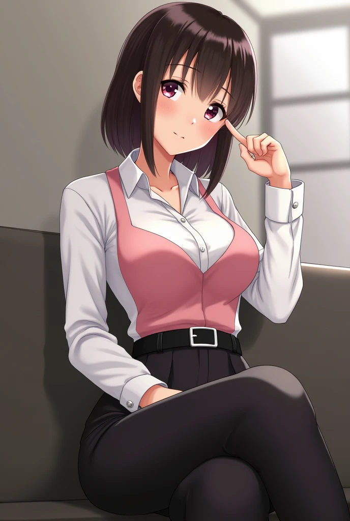 1girl, 34yo sofia takigawa_jav, breasts, eyelashes, looking at viewer, cowboy shot, sitting, crossing legs, dynamite lighting, attractive body, wearing office attire, white blouse, pink singlet, belt, black pants,
(ulzzang-6500:0.0), (ultimate quality, masterpiece, highres:1.0), (photorealistic, realistic:1.9),  nice hands, 