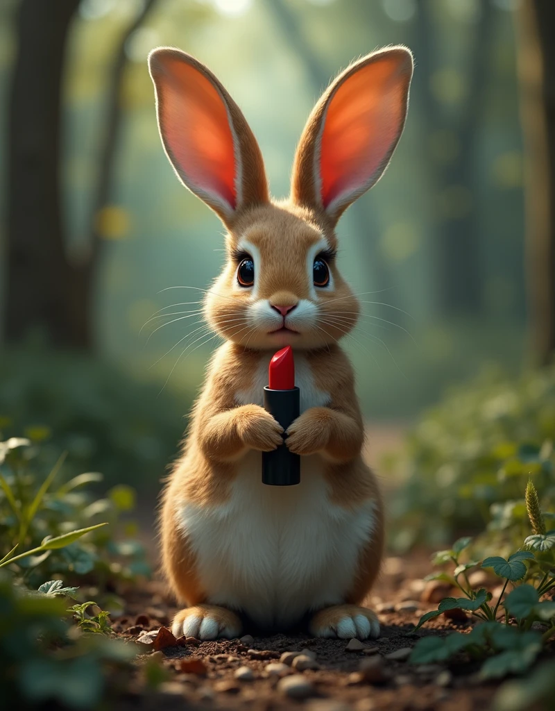A scene in the forest with a super realistic rabbit holding red lipstick