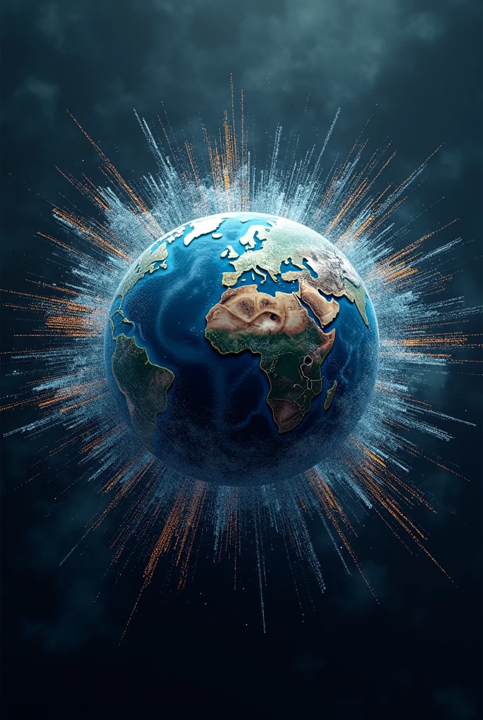 Earth globe in suporte exploding in pixels