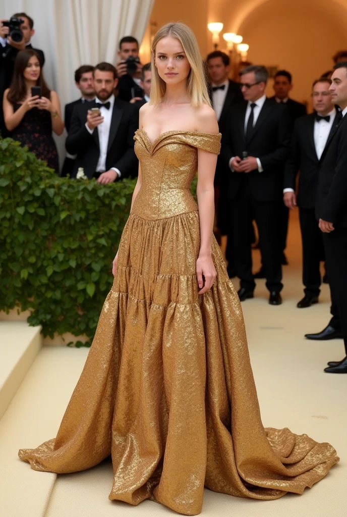 New York MET GALA event, dress core 1875 ancient, blonde model, paparazzi behind, complete dress