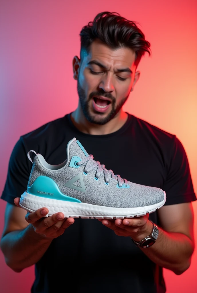 A masculine man holding a sports shoe with both hands, He is very impressed with his mouth open with the colorful background and the flashier sneakers, more impressed