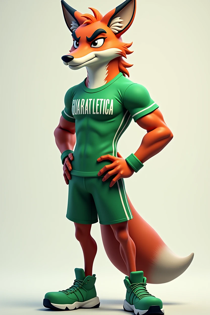 Description of the Mascot: 3D Maned Wolf General Appearance:
Animal: Guara wolf, with typical features such as long, slender legs, reddish-orange coat with black and white details.
expression: A serious and determined expression, with focused eyes and furrowed eyebrows to convey an image of strength and determination.
badass clothing:
green t-shirt: The maned wolf will wear a vibrant green sports t-shirt. No 가슴 da camiseta, in large, stylized letters, will be written "GUARATLETICA". The t-shirt can have a modern design with lines or details that reinforce the sports theme..
shorts verdes: To match the t-shirt, the maned wolf will wear green shorts, that complete the sports uniform.
Sports shoes: Sneakers that match the uniform, also in shades of green, to reinforce the athletic theme.
Physicist:
musculature: The maned wolf will be represented with well-defined muscles, especially in the arms, 가슴, e pernas, to symbolize strength and physical fitness. Muscles should be visible even through clothing, highlighting the mascot's athletic condition.
stance e Acessórios:
stance: An imposing posture, perhaps with arms crossed or in a running position ready for movement, that conveys readiness and confidence.
Optional Accessories: Consider adding a headband or sports bracelets, in tones that complement the uniform, to reinforce the sporty look.