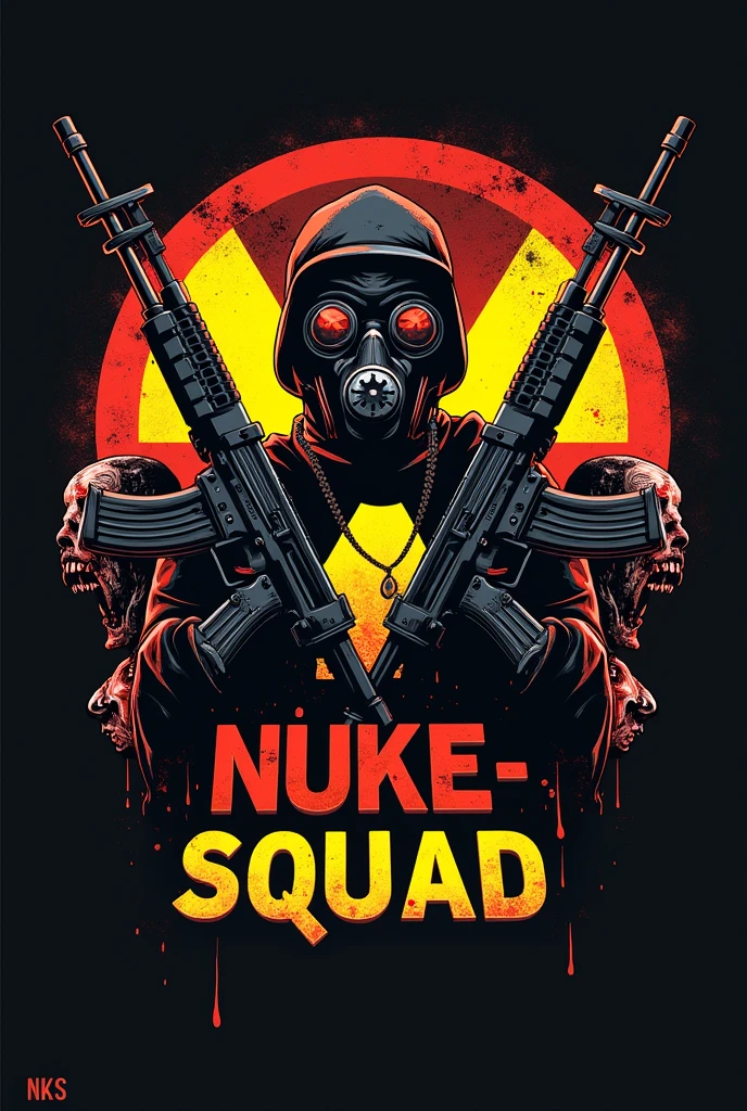 Create a logo with the nuclear radiation symbol, next to two AK47s pointed upwards. In the background a gas mask and zombies with blood. Below the logo written NUKE SQUAD, with blood source. Above the logo the acronym NKS.
