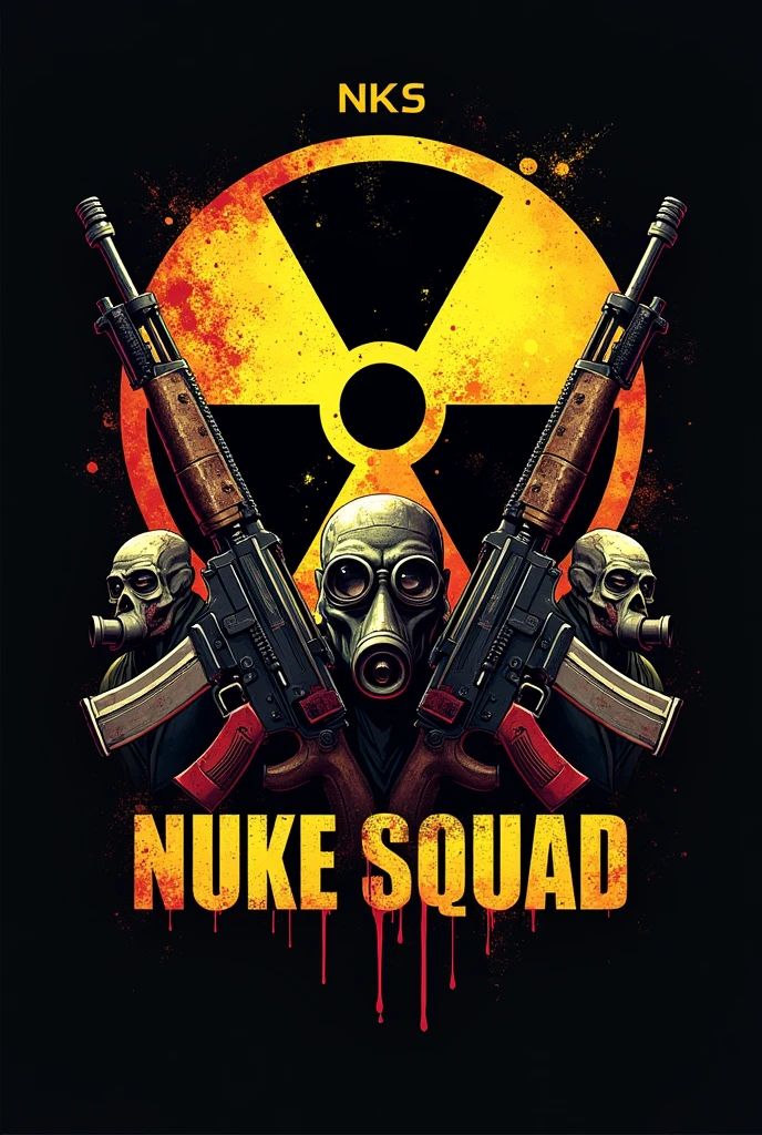 Create a logo with the nuclear radiation symbol, next to two AK47s pointed upwards. In the background a gas mask and zombies with blood. Below the logo written NUKE SQUAD, with blood source. Above the logo the acronym NKS.