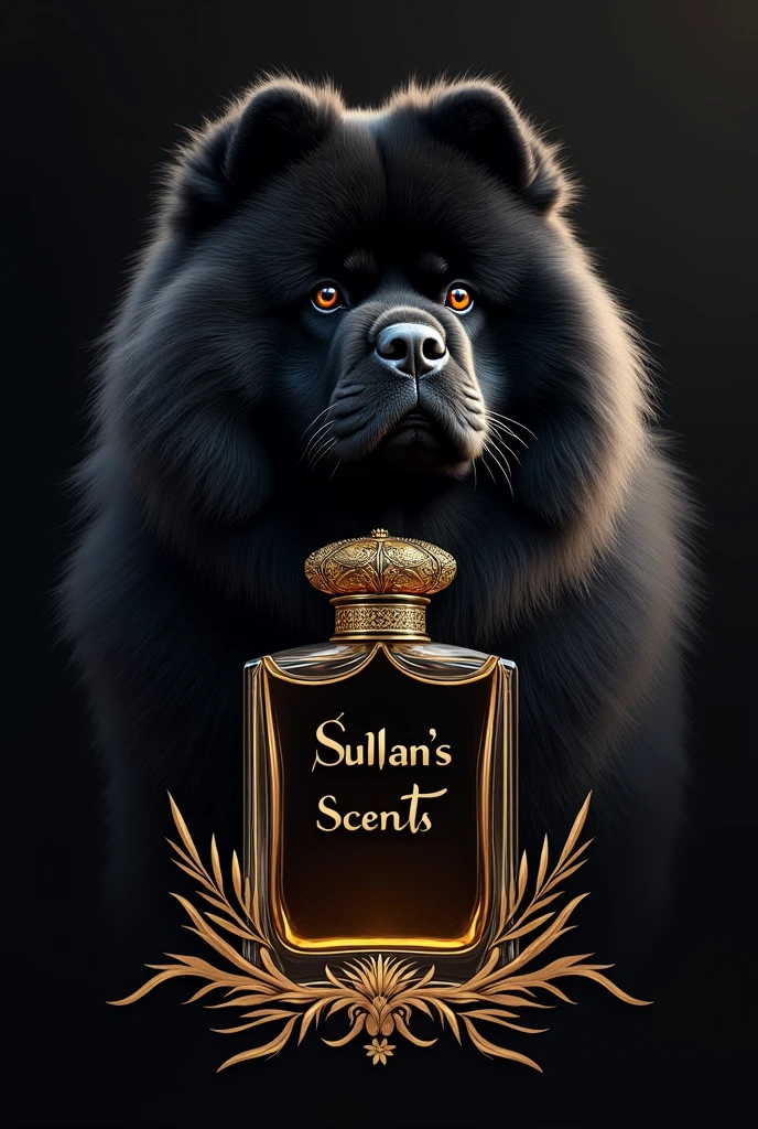 A logo for a perfumery to be called Sultan's Scents uses the image of a black Chow Chow dog,a bottle of perfume and uses the name of the perfumery