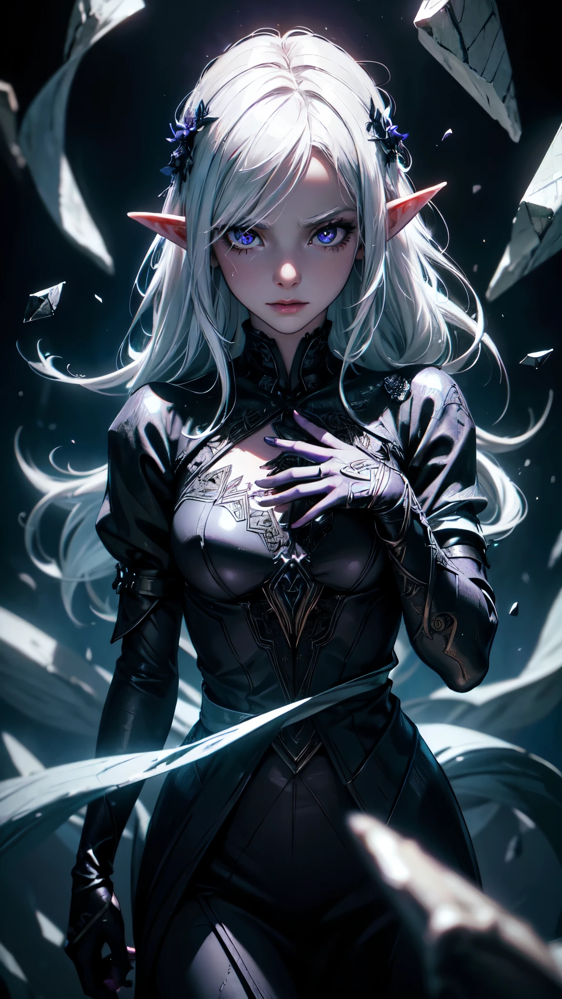 ,masterpiece, best quality, ultra-detailed, best shadow), (detailed background,dark fantasy), (beautiful detailed face), high contrast, (best illumination, an extremely delicate and beautiful), ((cinematic light)), colorful, hyper detail, dramatic light, intricate details, (1girl, solo,white hair, sharp face,purple eyes, hair between eyes,dynamic angle), blood splatter, swirling black light around the character, depth of field,black light particles,(broken glass),full body,detailed eyes, detailed hands, detailed eyes, elf woman, flowers