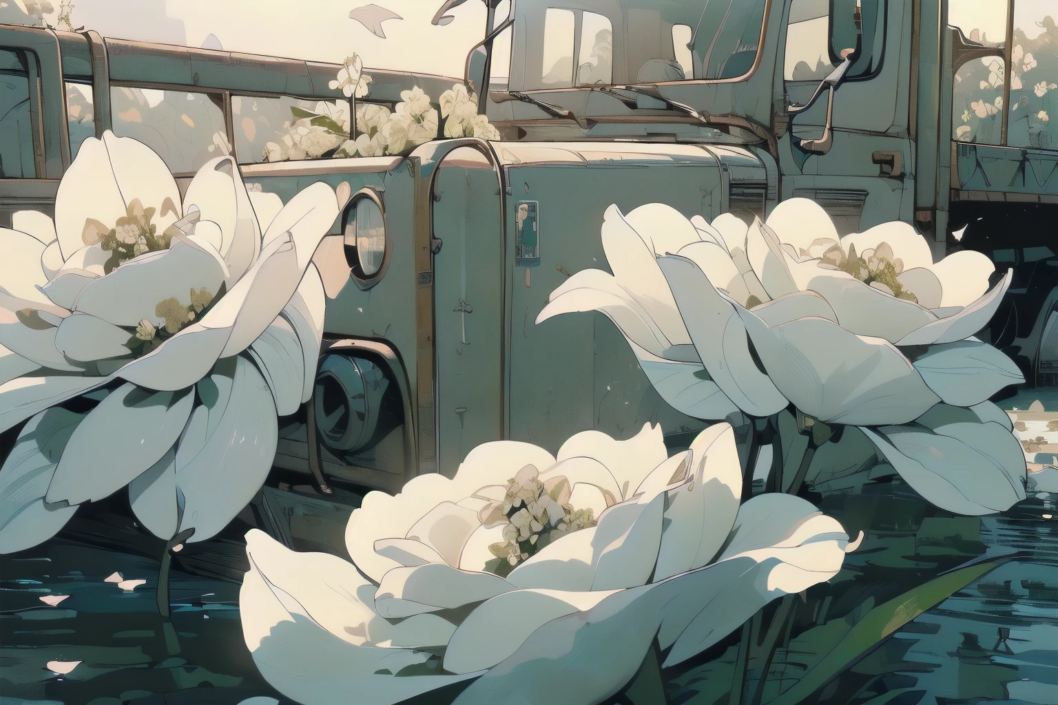 (((Masterpiece, top quality))), (((32K wallpaper))), ultra high resolution, (((close-up))), gorgeous light leak, (((backlit))), highly detailed background, top quality, (((no humans))), highly transparent river, (((extremely detailed rusty heavy truck with many white flowers)), (((( very dull color )))), (((( white flowers in the water))), (((White petals fly)))