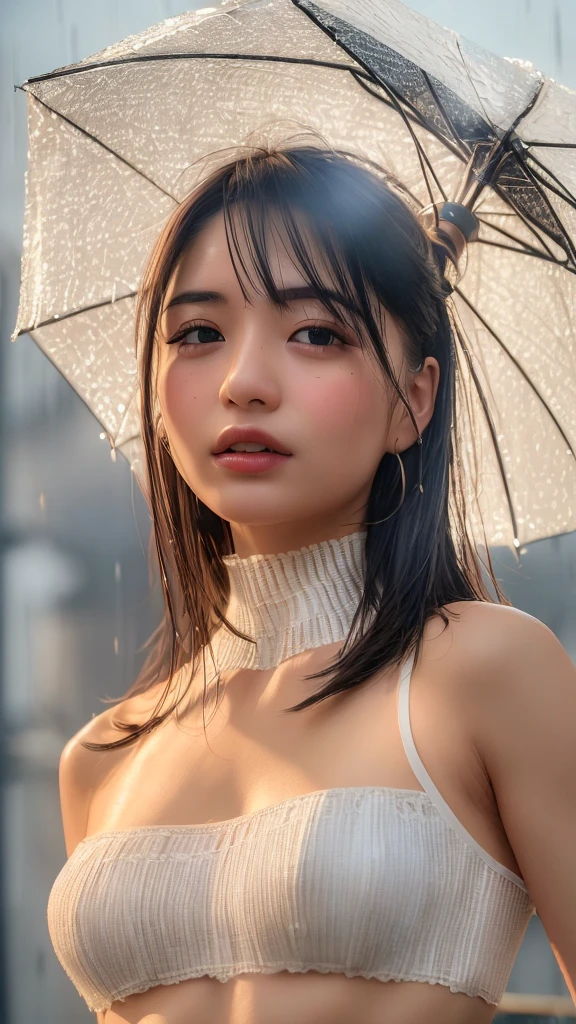 ((Best Quality, 8k, Masterpiece: 1.3)), Focus: 1.2, Perfect Body Beauty: 1.4, Buttocks: 1.2, (Layered Haircut: 1.2)), (Rain, Street:1.3), Highly detailed face and skin texture, Fine eyes, Double eyelids, Whitening skin, Long hair, (Round face: 1.5), sweet_Lolita,Super huge breasts,ditch,revealing lace panties